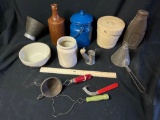Box of kitchen utensils, enameled can, pottery, sifter