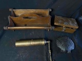 Shell door knocker, brass grinder, wood holder, small copper box