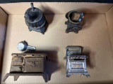 Minature metal stoves, grinder, pot belly stove