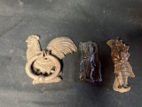3 Early door knockers, 2 figures and rooster