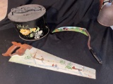 hand painted and signed handsaw and hand scythe shoeshine stand