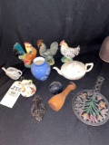 Ceramic Roosters, Teapots, Cast Iron Trivet