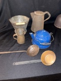 Granite Tea Pot, Ladles, Bucket