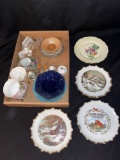 Carrier and Ives, collector plates, tea cups, salt dips, salt and pepper shakers