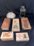 Gulfwax, burnt wood dresser box, envelope organizer