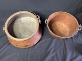 Pair of hand hammered copper buckets, hand wrought handles