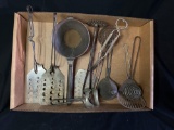 Box of vintage kitchen utensils, spatulas, mashers