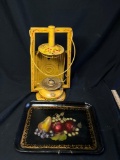 Hand Painted Toleware lantern and small tray, signed