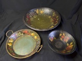 Toleware wood bowl and metal sifter and pan