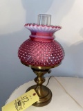 Lamp with cranberry hobnail shade