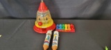Ring Ding Clown dispenser with key, Tv's Pinocchio Xylophone and Chicago pencil holders