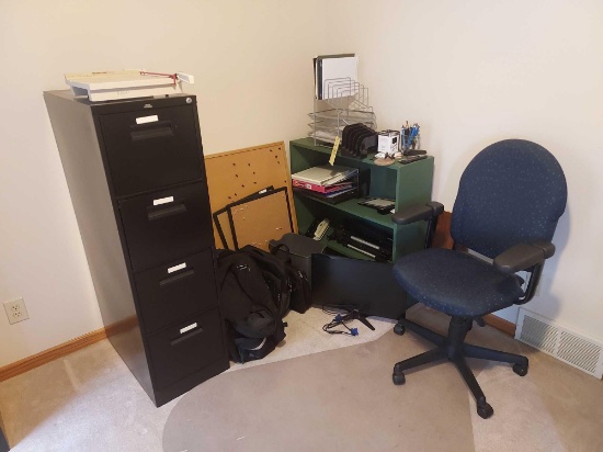 Office Corner Contents - Filing Cabinet, Backpacks, Office Bags, Corkboard, Office Supplies, Office