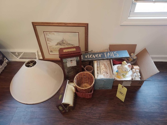 Box of Assorted Glassware & Figurines, Baskets, Small Decor, Lamp Shade, & more