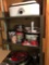 metal shelf, roaster, tins and trays