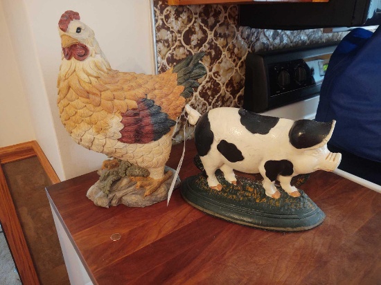 Chicken Statue and Cast Iron Pig
