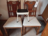 2 Wooden Upholstered Chairs and Small Step Stool
