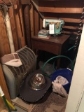 sewing machine, pet bowls, fan and rugs