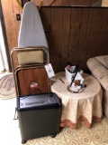 ironing board, iron, paper shredder and end table