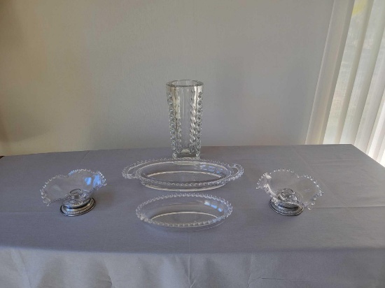 Imperial Candlewick Candle Holders Sterling Silver bases 2 trays MCM Crystal Vase