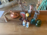 Copper Tea Pot, Antique Egg Scale, Glass Insulators, Decor