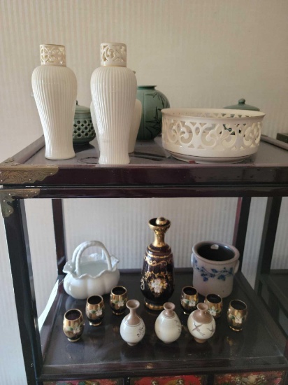 glads painted drink set, small vases, crock