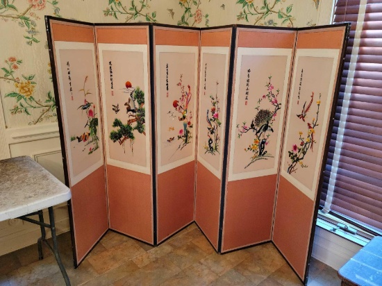 6 panel oriental style embroidered brids dressing screen