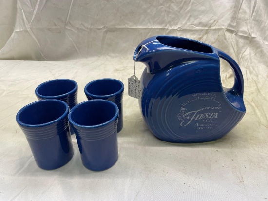 60th anniversary signed Fiesta disc pitcher with tumblers- discontinued color sapphire
