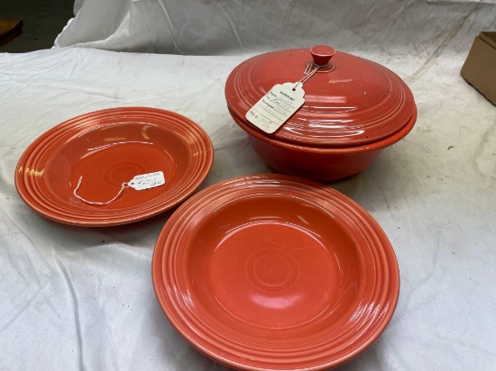 Fiesta covered casserole dish, soup bowls- discontinued color persimmon