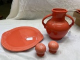 Fiesta vase with handles, snack tray, salt shakers- discontinued color persimmon