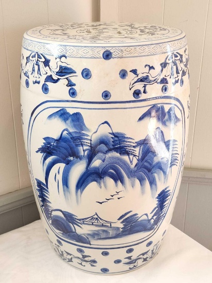 Asian porcelain garden seat in blue and white