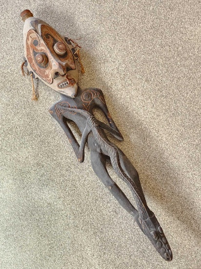 African carved wood effigy snake with figure, Sepik River ?