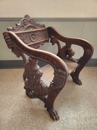 Antique hand carved oak heraldic lion chair / bench