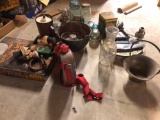 cast iron kettle, jars, paper weights box lot