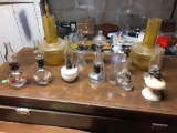 10 miniature oil lamps and 2 amber shades