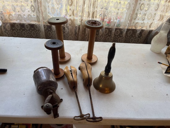 WOOD SPOOLS, SCHOOL BELL, COFFEE GRINDER