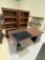 large desk, 6 wood bookshelves