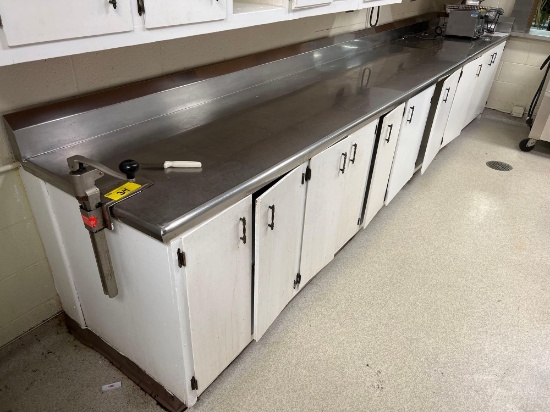 Stainless Steel Work Table Top, Wood Cabinets