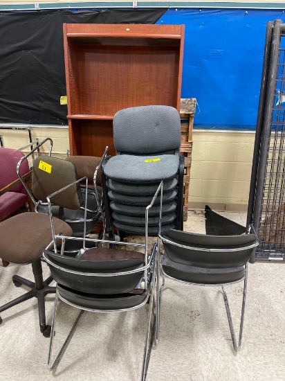 bookshelf, stack chairs