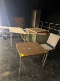 desks, table, chairs, stage platforms