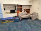 gymnastic mats, loveseat, arm chair, shelves, weights