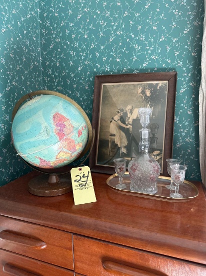 globe w/metal frame, early photo , decanter set w/tray