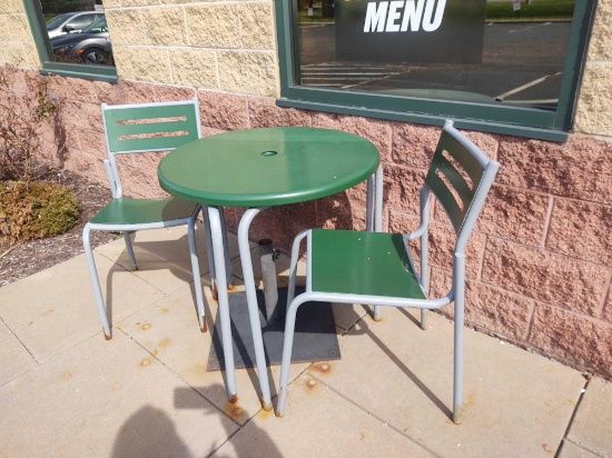 2 Patio Tables, 4 Chairs w/ Umbrella Bases