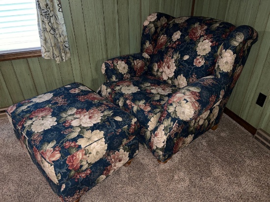 Floral Upholstered Chair with Ottoman
