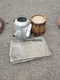 watering can, slate pieces, wooden bucket