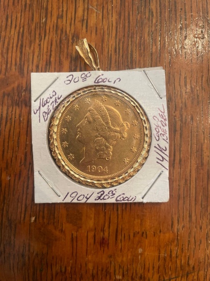 1904 $20 gold coin in 14k gold bezel