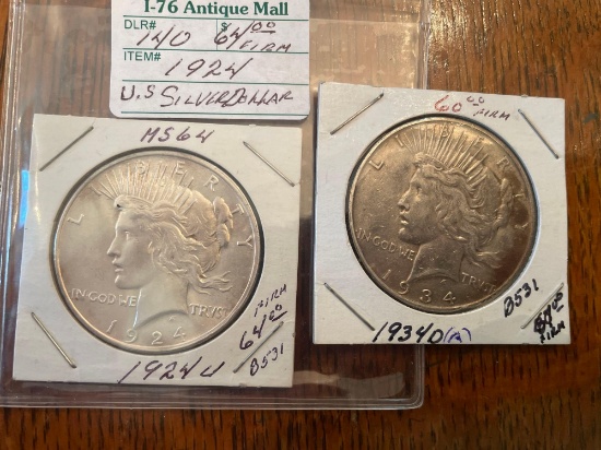 1924 & 1934D silver peace dollars