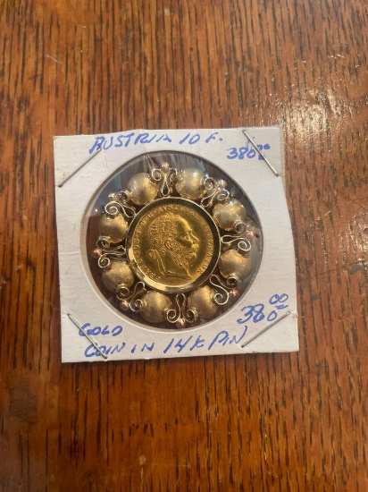 Austria 10F gold coin with 14K gold pin