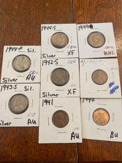 (5) silver nickels- (3) lincoln Pennies