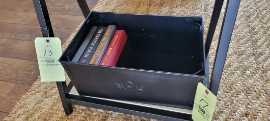 Pair of metal bins with metal basket and books