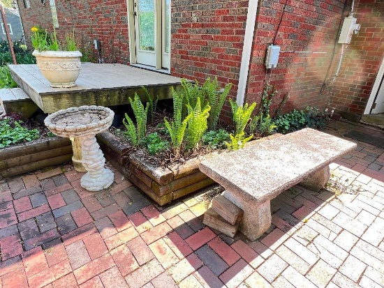 Cement Bench, Cement bird bath, Planter